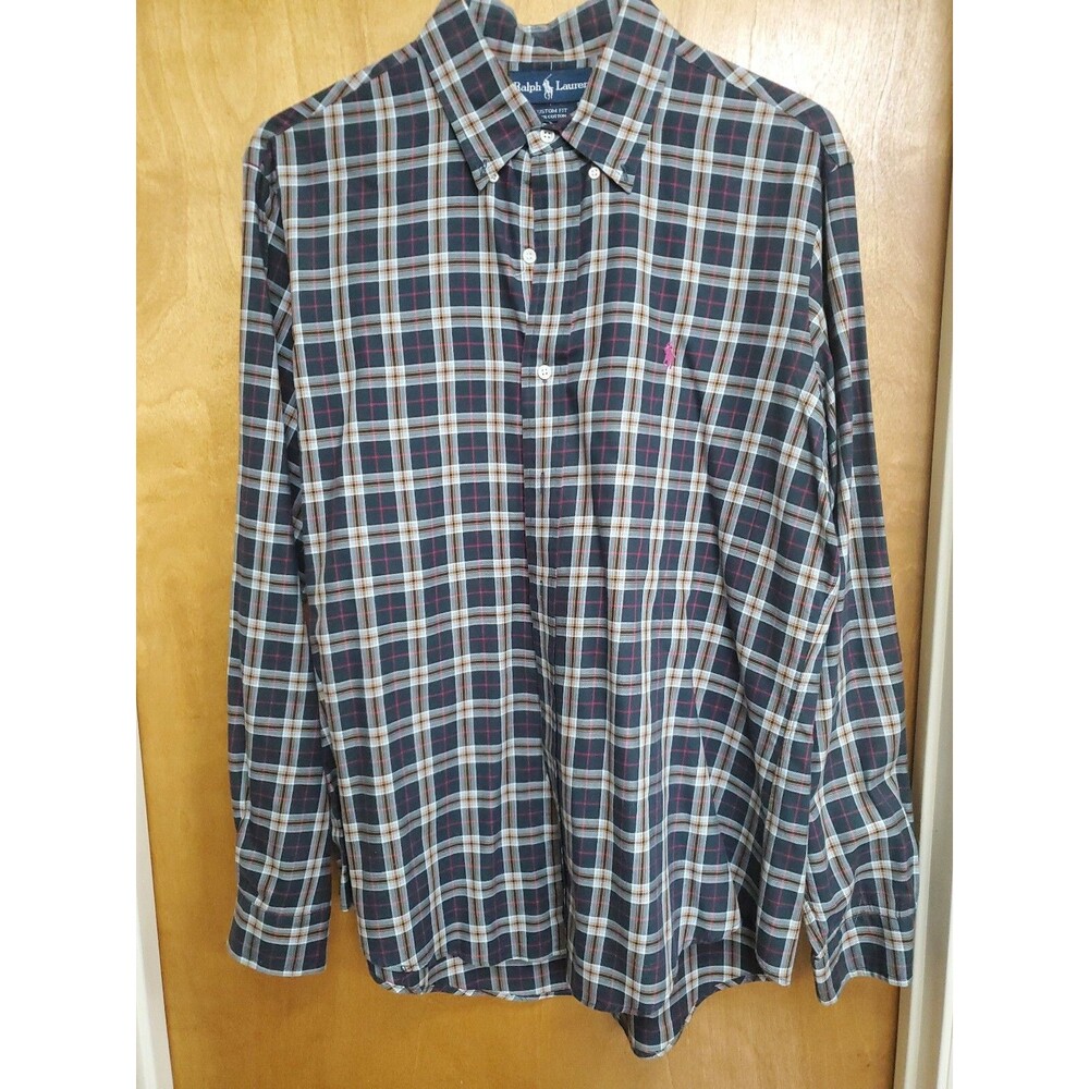 Men Polo Ralph Lauren Custom Fit Plaid long Sleeved Dress Shirt Size Large